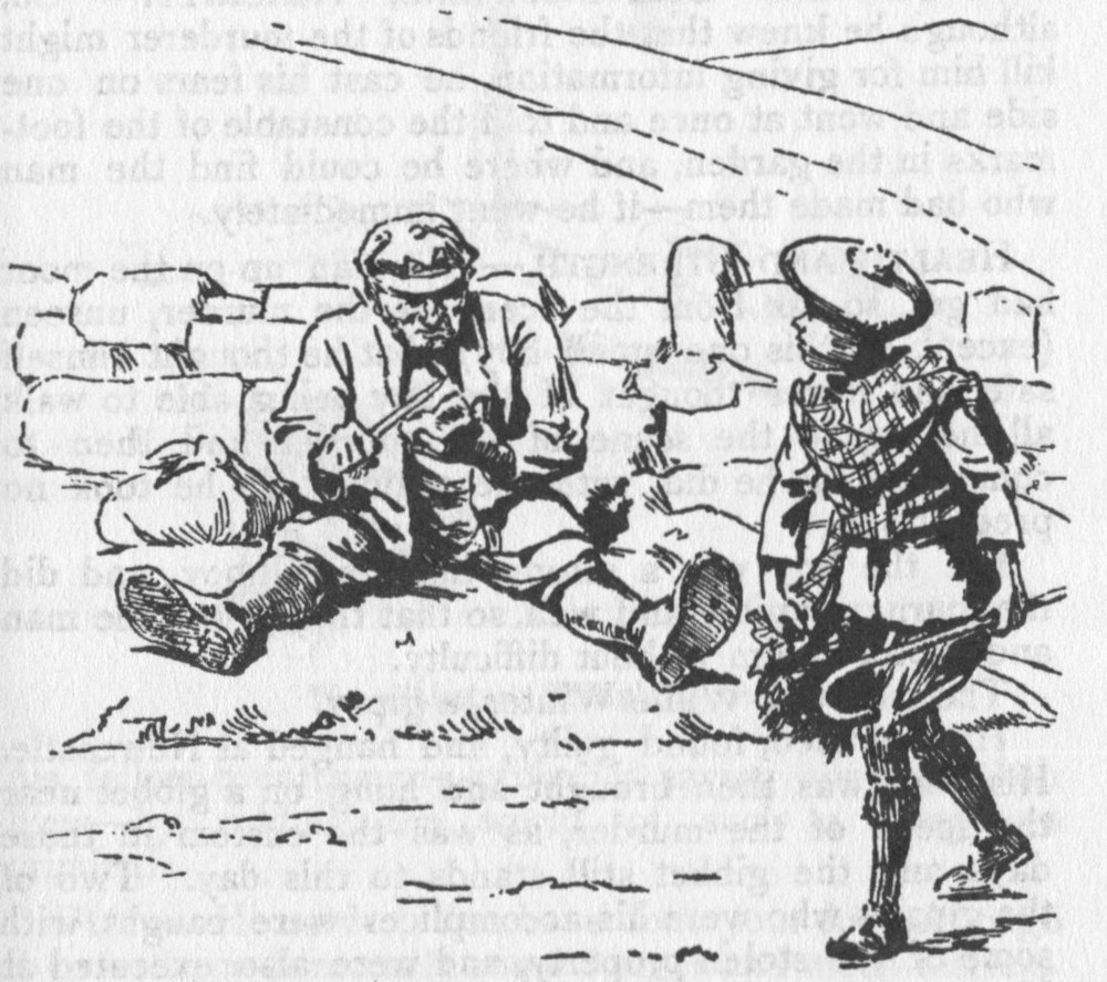 A boy scout administering first aid to ducks. Pen drawing by H. Daubeny,  1910.