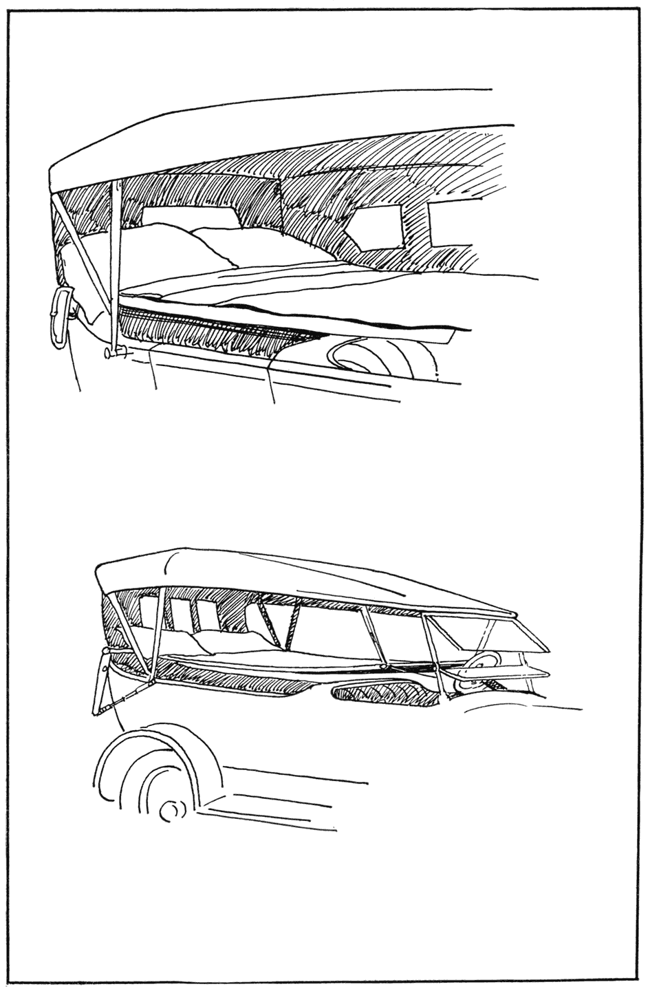 Above is shown the McMillan Auto-Bed for use in touring
cars; a special size is made for Fords. The lower drawing
is the Universal Car Bed which operates on the suspension
principle