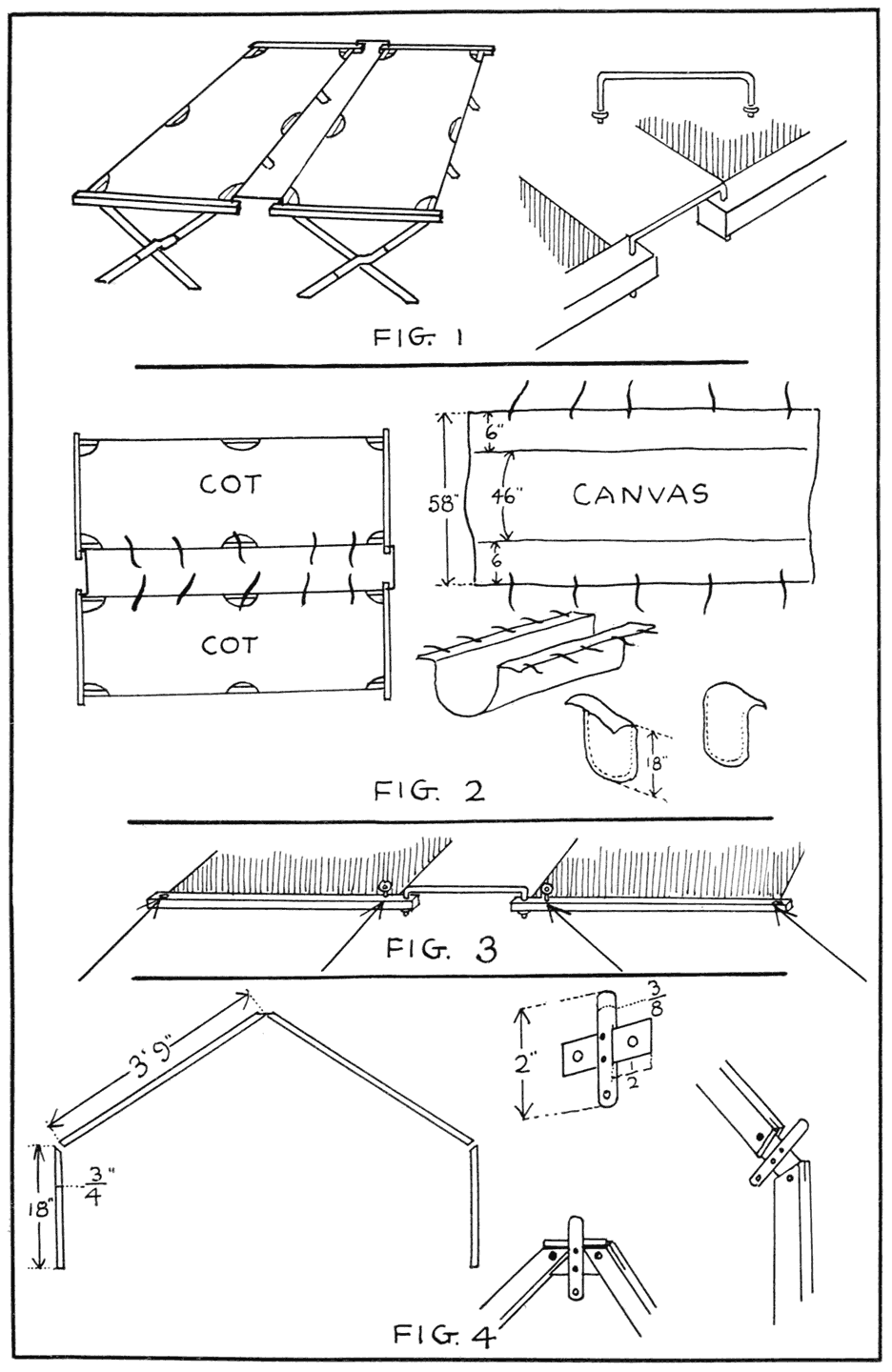 Basis for home-made tenting outfit built by Mr. Frederick W.
Huntington of Brooklyn, N. Y. Note the two standard
army cots, the canvas trough, the sticks of the frame
work, and the design of the joints.