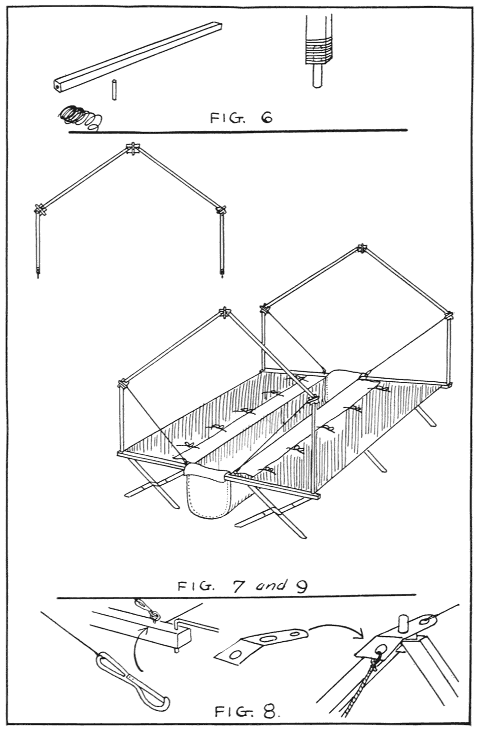 Detail of framework of home-made camping outfit. Note in Fig. 6
how the little piece of dowel stick is inserted into the upright of the
tent frame. Figs. 7 and 9 show how the frame and cots are assembled,
while Fig. 8 gives detail for wiring.