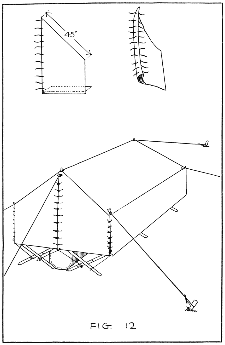 End pieces of tent of home-made camping outfit, and the way the
design appears when closed. Note the various cross cords and
tapes which permit of close tying in case of storms. Normally the
side flap is tied back, with the inner mosquito netting flap acting
as side wall, since the latter permits of better ventilation.