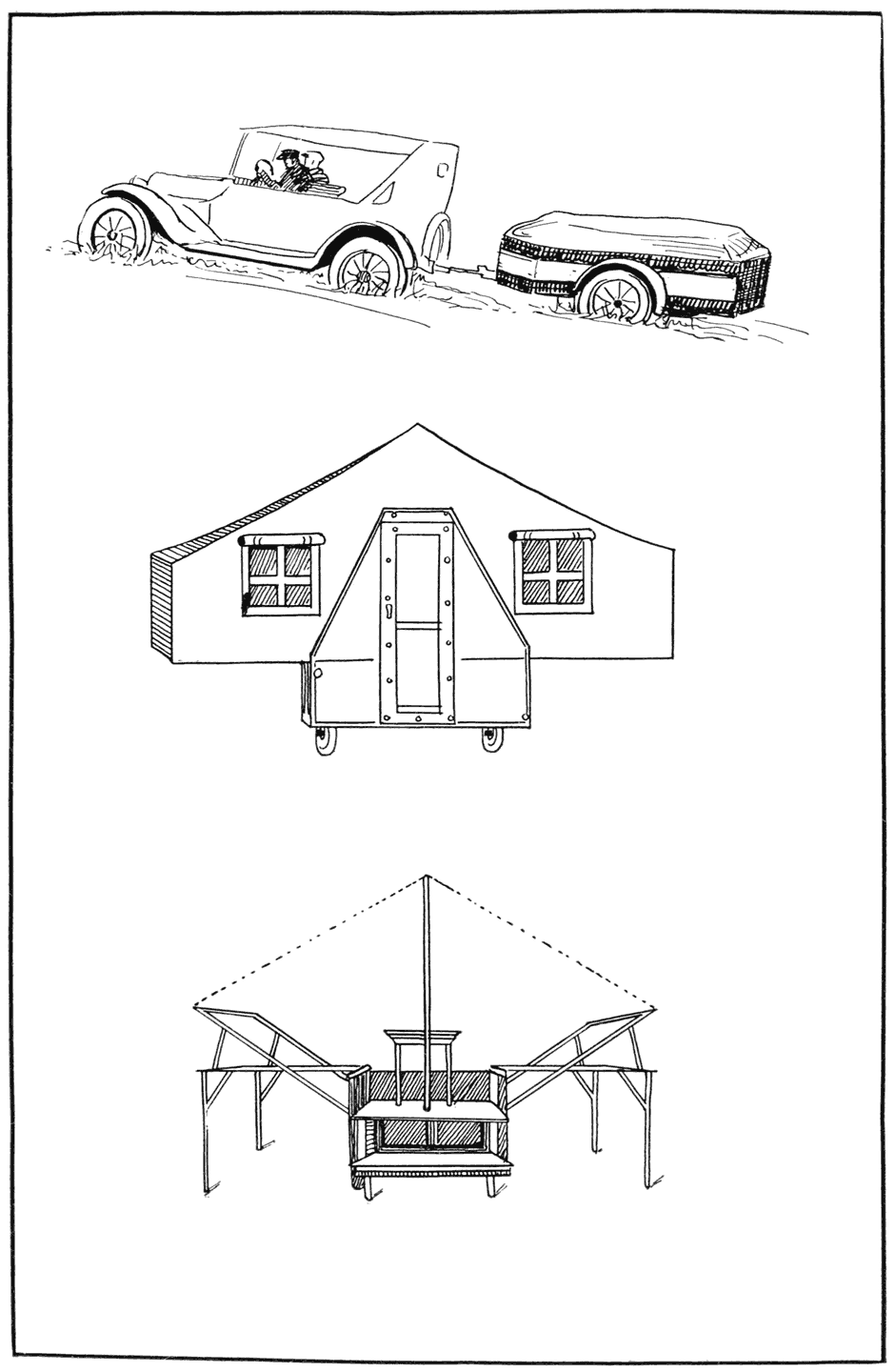 Three trailers. At the top is the Motorbungalow Jr. packed for
the journey. In the middle is the Chenango with sides let down,
giving a bungalow effect. The lowest picture is the Auto-Kamp,
showing the framework ready for the tent top. The framework
folds into a small space when the trailer is on tour.