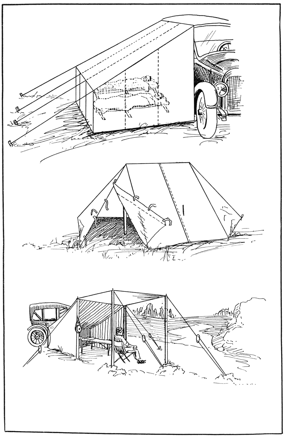 Above the Moto-Tent of the type attaching to the side of the
car. In the middle, the simple Scouts Featherweight
Tent. At the bottom a light serviceable Outdoor Week-End
Tent