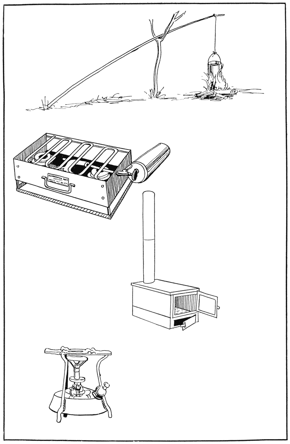 Various kinds of cooking apparatus. At the top is the dingle stick;
immediately below is the Kampkook gasoline stove; to the right
of the Kampkook is the Livingood stove burning solid fuel and
having the advantage of folding into a flat form when not in use.
At the lower left is the Juwel, a kerosene burner.