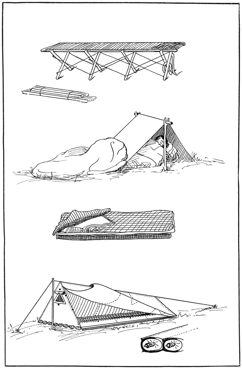 Types of bed equipment. At the top the Yankee cot which folds
into 32 × 4 × 6 inches; beneath it the Kenwood sleeping bag with
tent covering for head. The two lower illustrations have
pneumatic mattress, the upper of the two being the Perfection
sleeping bag and the lower the Airtube camp mattress combined
with a shelter tent.