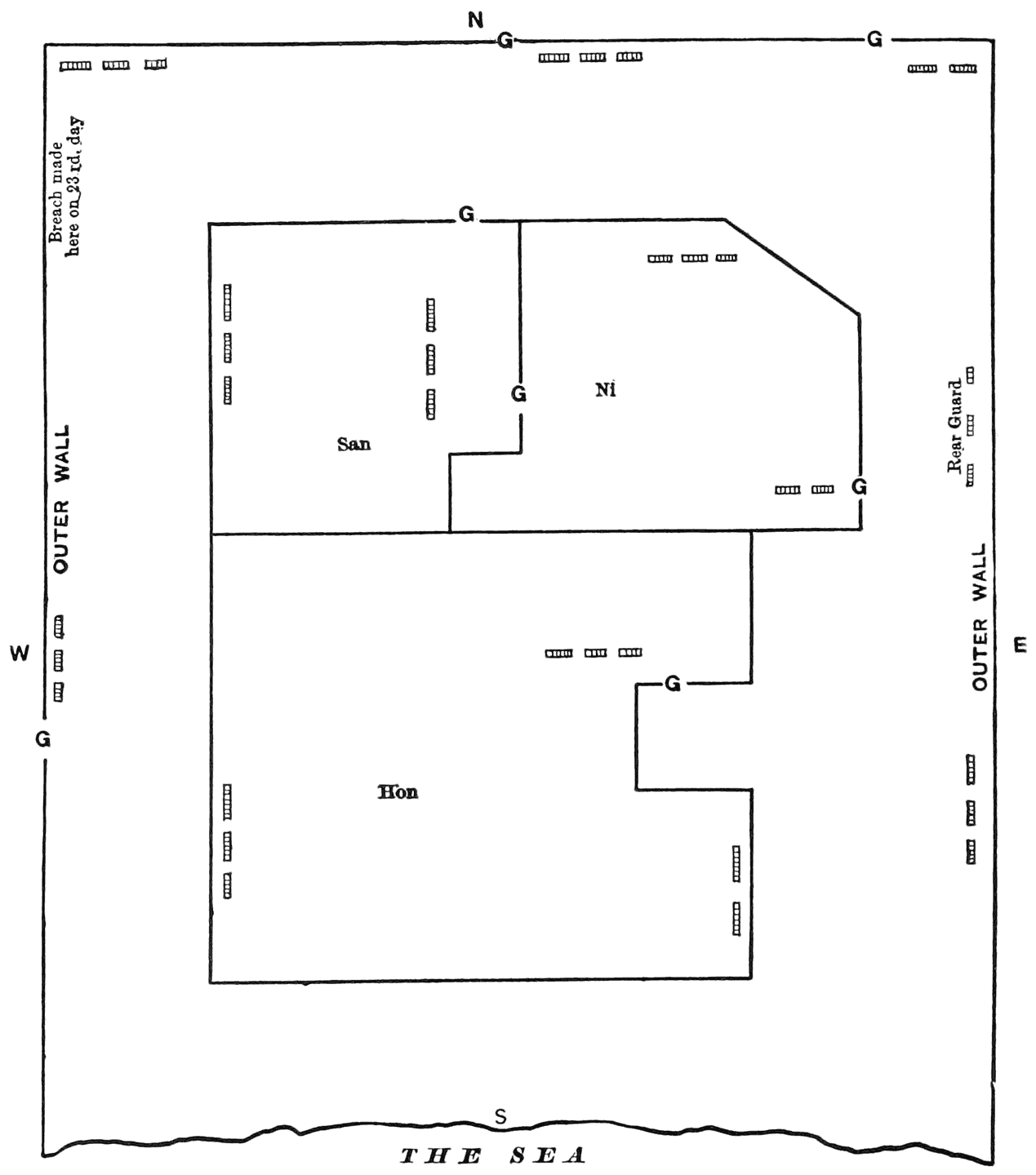 Plan of Uru-san Castle.—Explanation: Hon, First Enclosure; Ni, Second; San, Third; G, Gates; Line of blocks. Bodies of Troops.