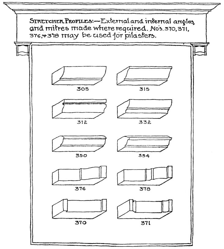STRETCHER PROFILES:—External and internal angles, and mitres made where required. No.’s 370, 371, 376, & 378 may be used for pilasters.
