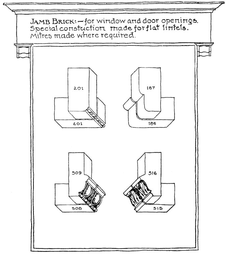 JAMB BRICK:—for window and door openings. Special construction made for flat lintels. Mitres made where required.
