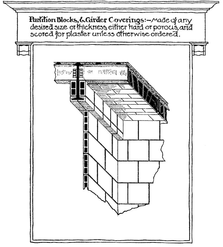 Partition Blocks, & Girder Coverings:—Made of any desired size or thickness, either hard or porous, and scored for plaster unless otherwise ordered.
