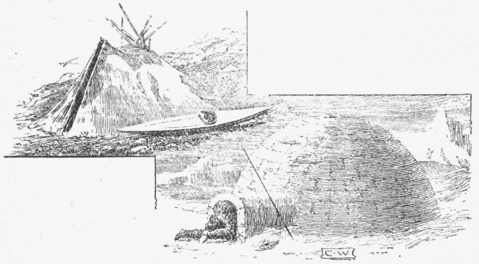 Eskimo Summer Tent of Bear Skin and Seal Skin, and
Snow Hut.
