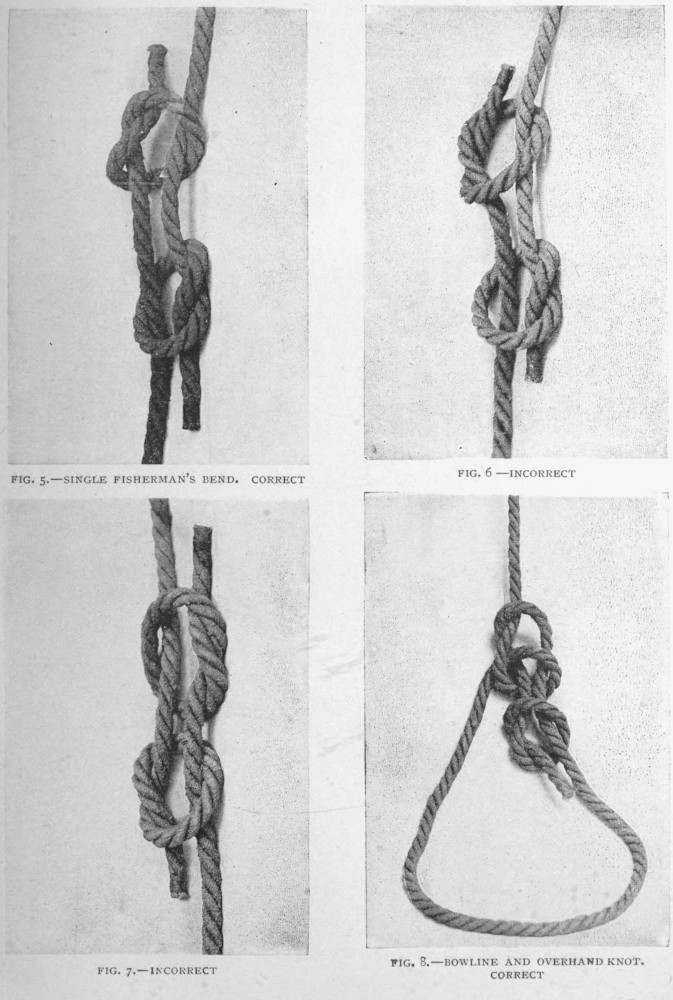 Correct and incorrect images of fisherman's bend, bowline and overhand knot