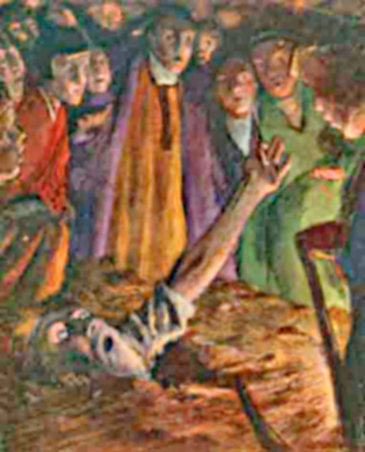 Peter held a lance head high in the air