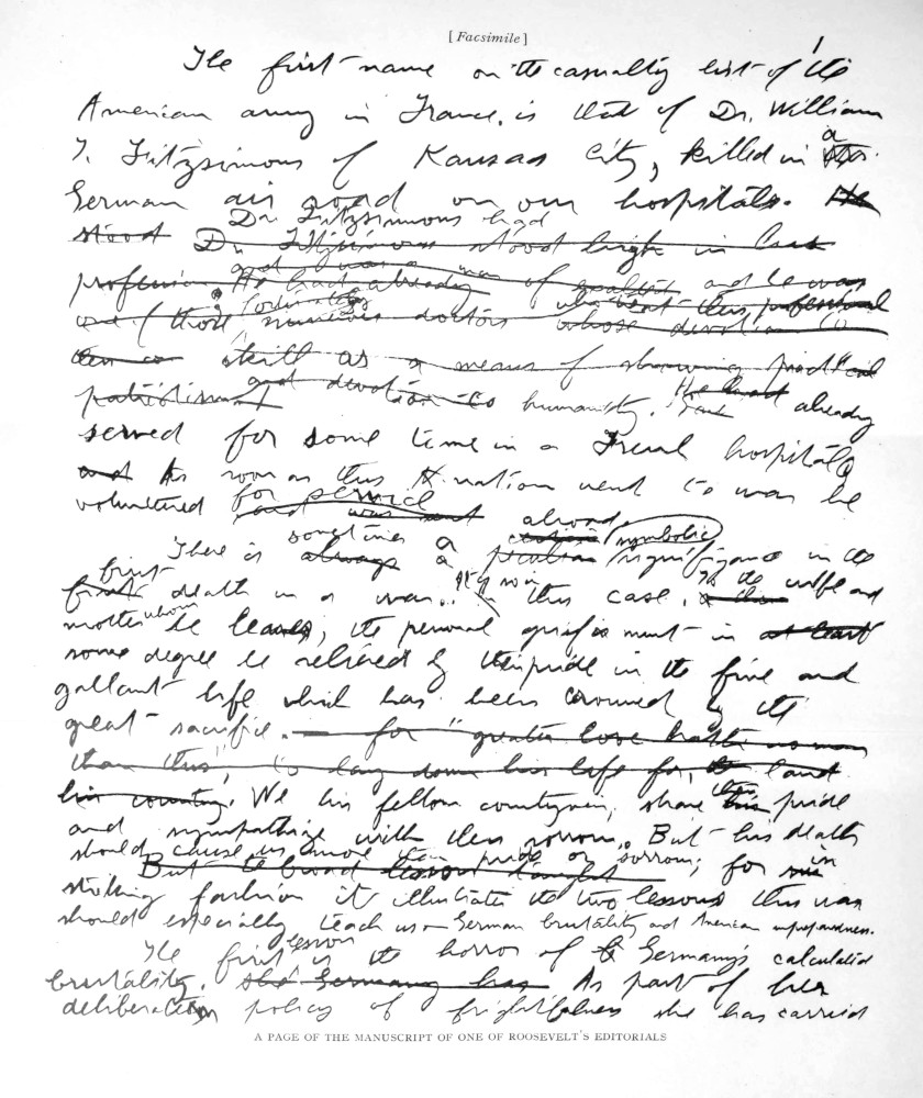 A PAGE OF THE MANUSCRIPT OF ONE OF ROOSEVELT’S EDITORIALS