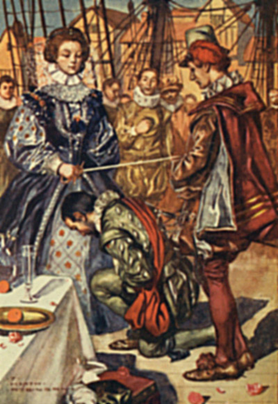 Queen Elizabeth knighting Drake on board the
‘Golden Hind’ at Deptford