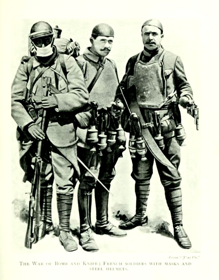 The War of Bomb and Knife: French soldiers with masks and steel
helmets.