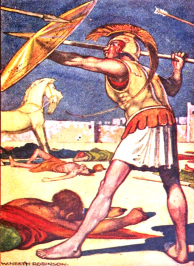 The point of the spear flew over the left shoulder of Patroclus (page 107)