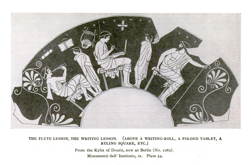 THE FLUTE LESSON, THE WRITING LESSON. (ABOVE A WRITING-ROLL, A FOLDED TABLET, A RULING SQUARE, ETC.) From the Kylix of Douris, now at Berlin (No. 2285). Monumenti dell' Institute, ix.  Plate 54.