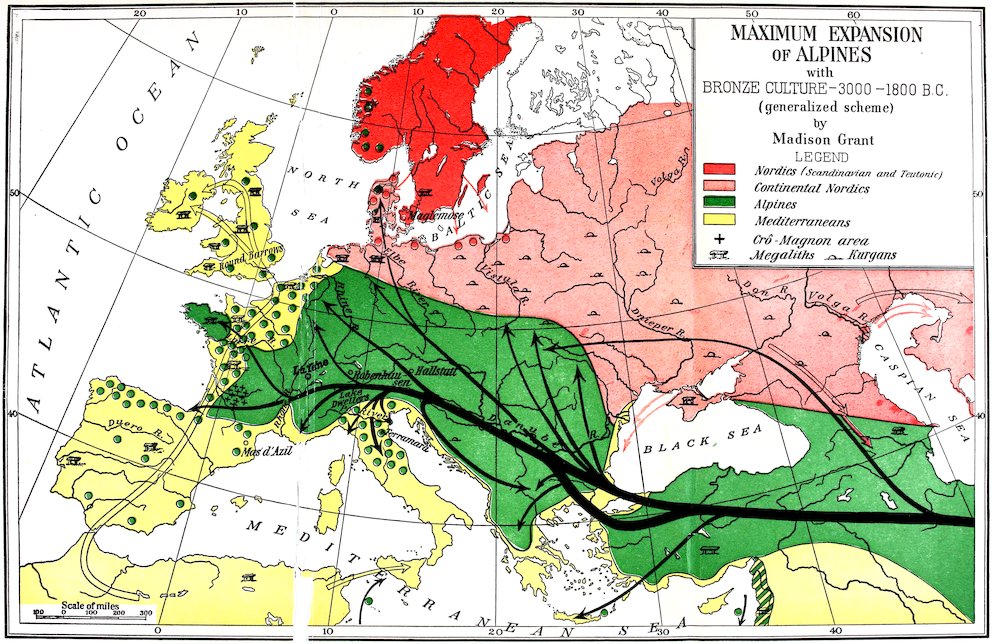 MAXIMUM EXPANSION of ALPINES with BRONZE CULTURE—3000–1800 B.C. (generalized scheme) by Madison Grant