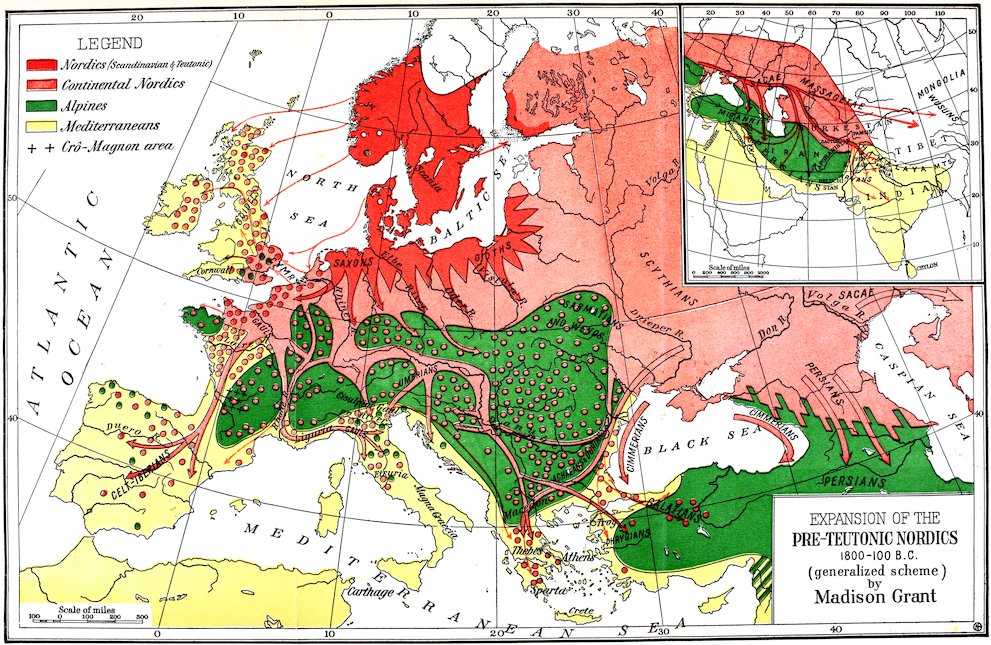 EXPANSION OF THE PRE-TEUTONIC NORDICS 1800–100 B.C. (generalized scheme) by Madison Grant