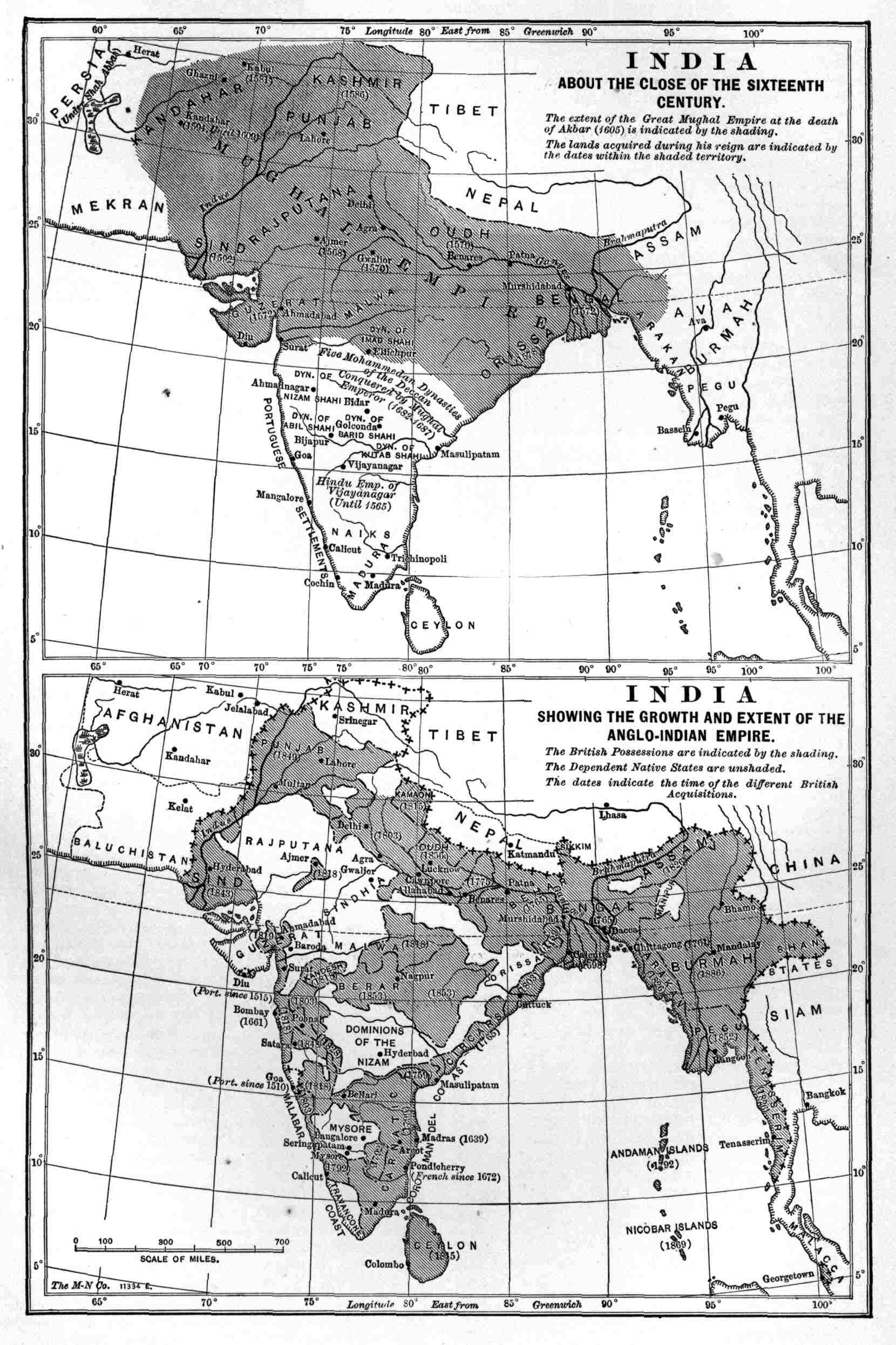 Map of India, about the close
 of the Sixteenth Century, and map of the growth of the
Anglo-Indian Empire.