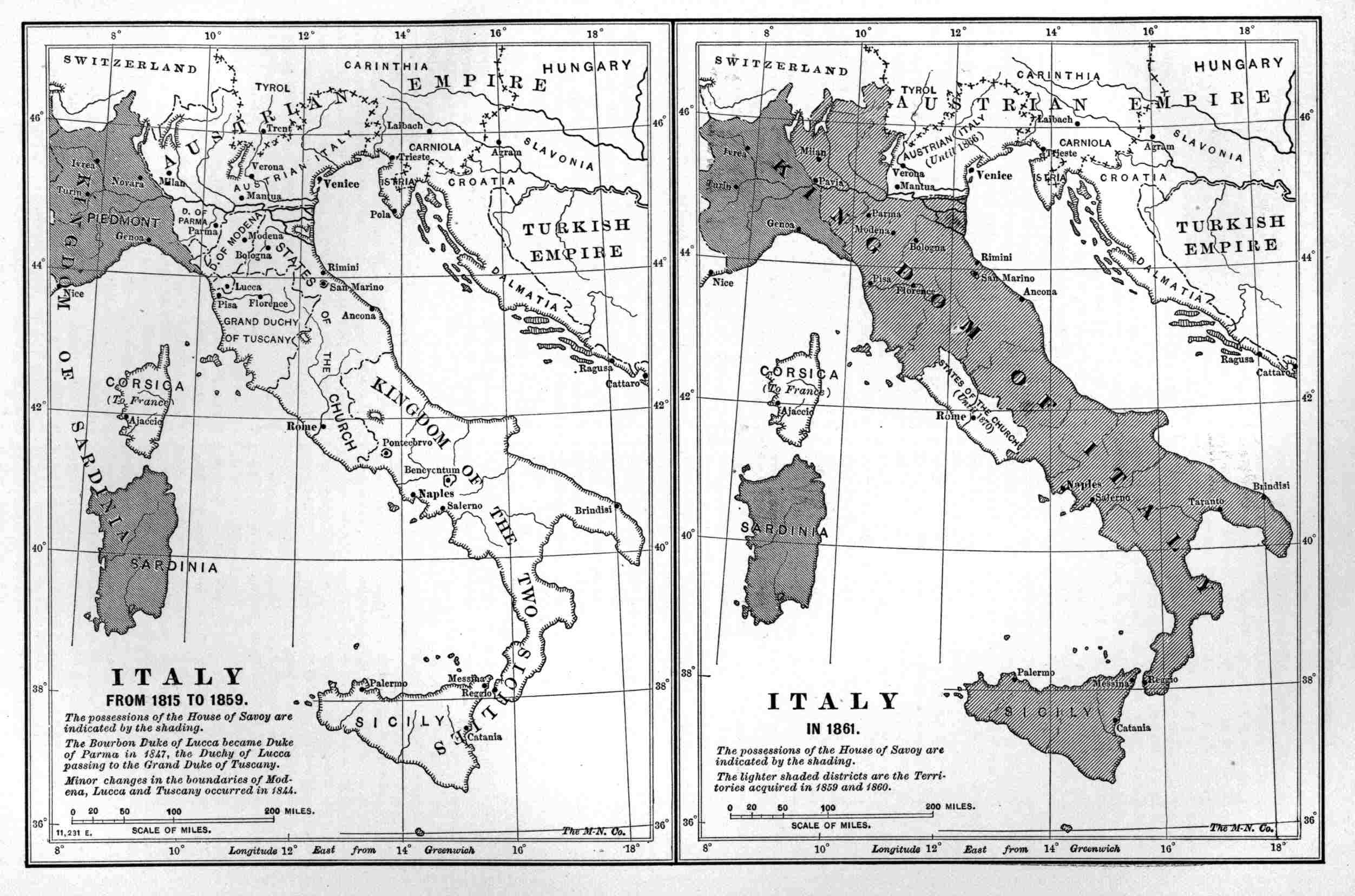Two maps of Italy,
A. D. 1815 to 1859, and 1861.