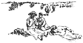 Three persons resting in field.