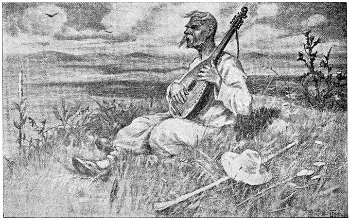 A kobzar sitting in a field while playing cither.