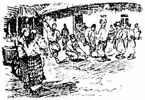 Cossacks dancing in village.