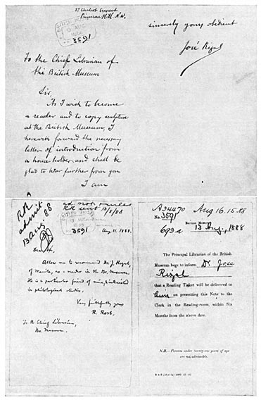 Application, recommendation, and admission of Rizal to the reading-room of the British Museum.