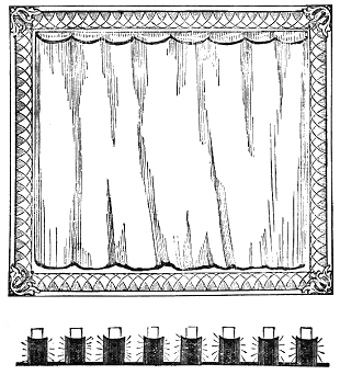 Drawing of stage with curtain closed and eight footlights.