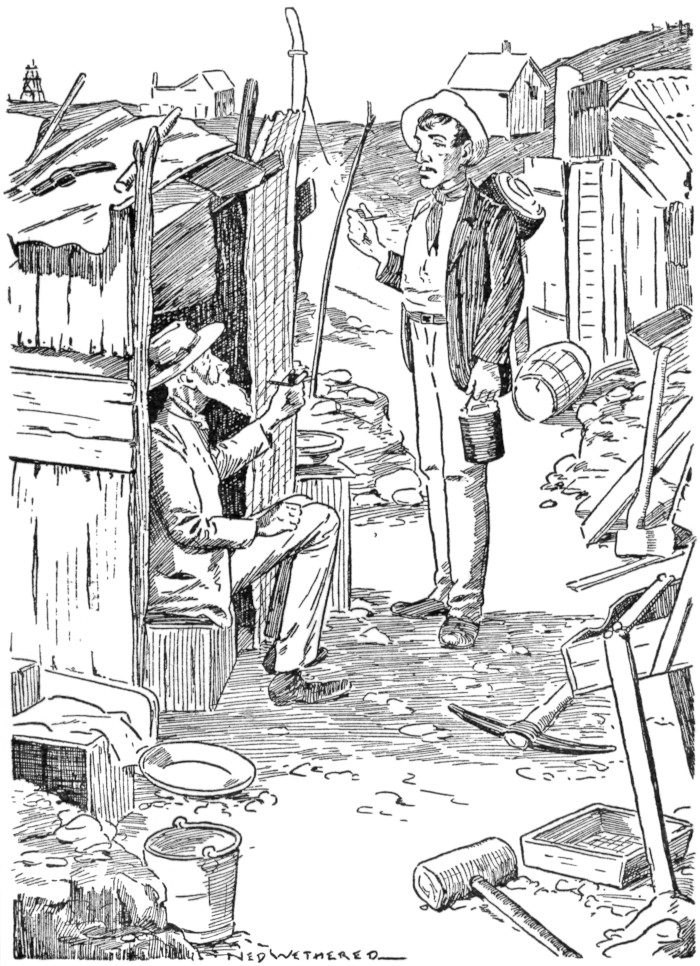 [Illustration: New chum talking with old gold miner]