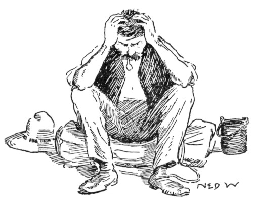 [Illustration: Despondent miner sitting on swag]