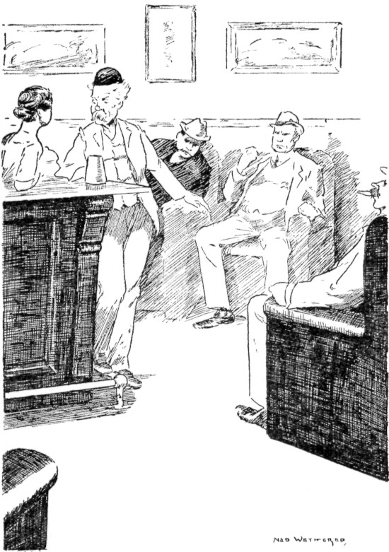 [Illustration: Men in bar, one talking with barmaid]
