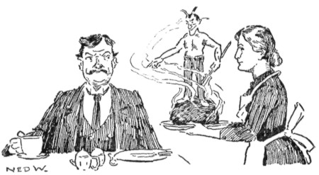 [Illustration: Woman presenting demonic pudding to man at table]