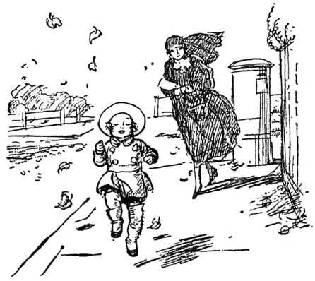 [Boy skipping followed by woman, with wind blowing leaves]