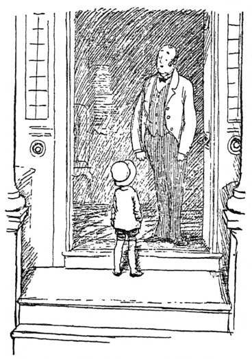 [Boy on porch speaking to man in open doorway]