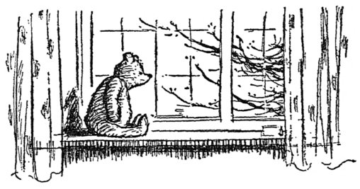 [Teddy bear seated in window]
