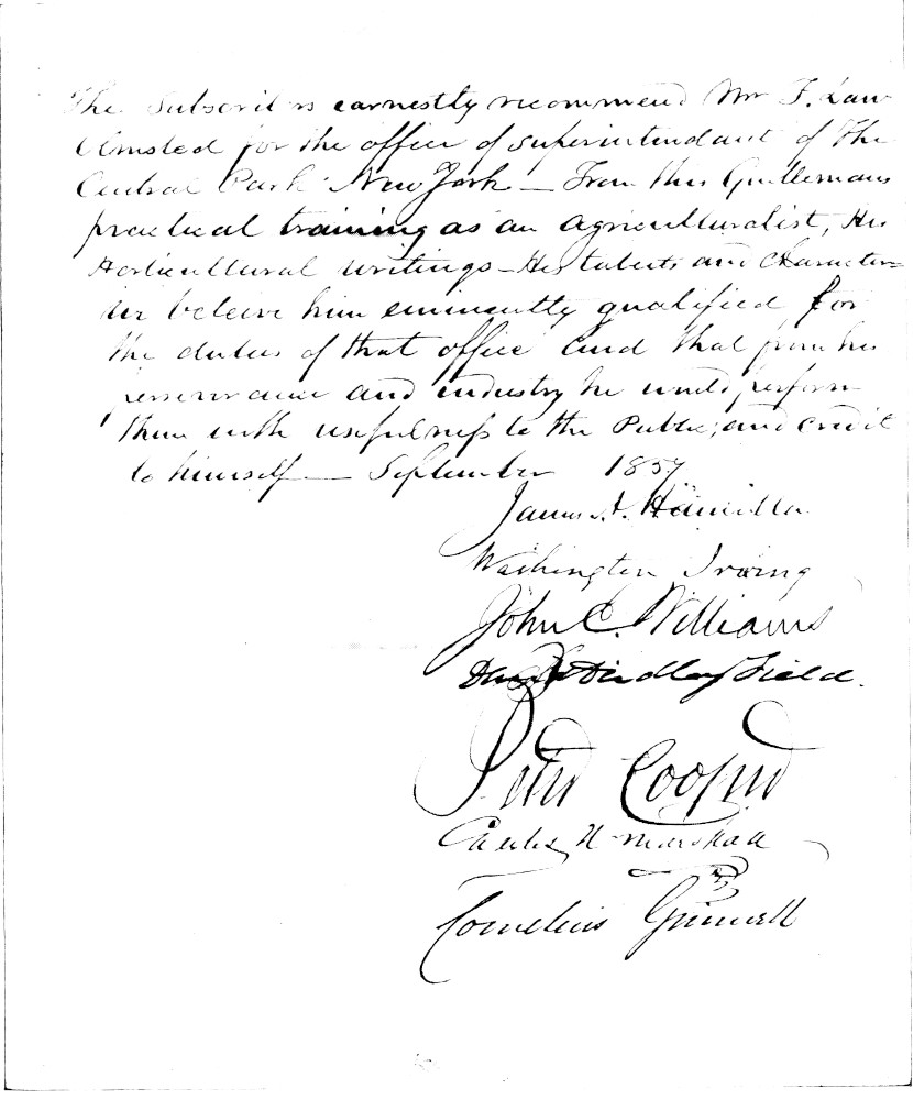 Facsimile of Petition to Secure Appointment of Mr. Olmsted as Superintendent
of Central Park, 1857