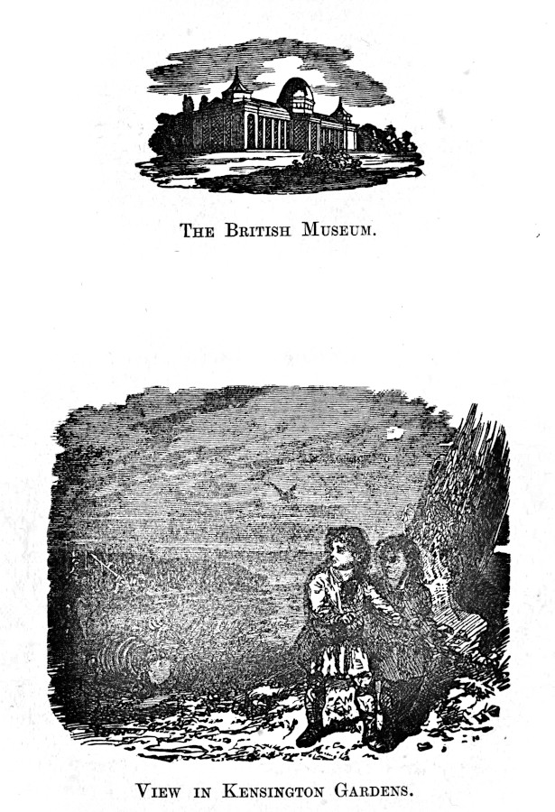 Two
images, titled THE BRITISH MUSEUM and VIEW IN KENSINGTON GARDENS.