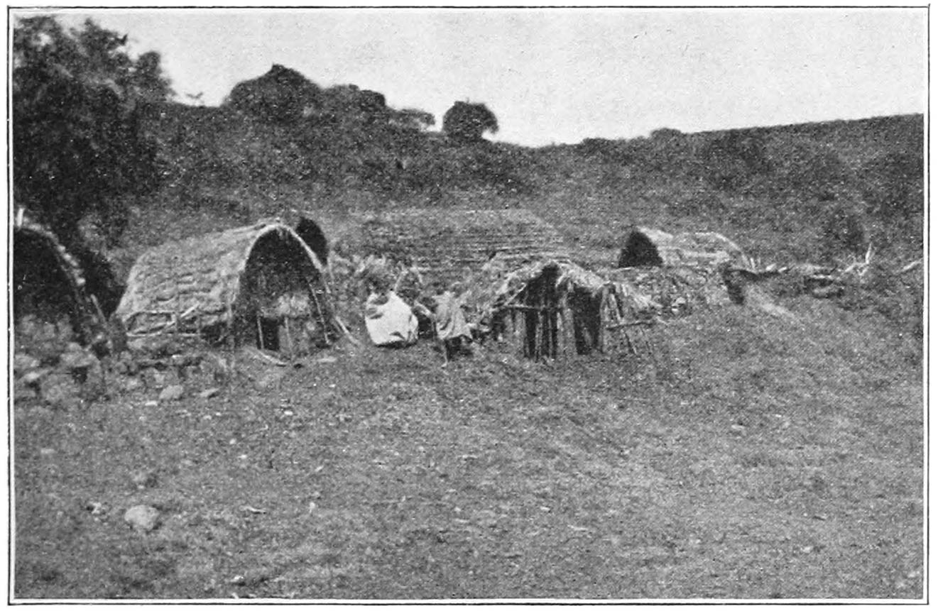 FIG. 8.—THE VILLAGE OF PEIVÒRS, SHOWING A DOUBLE HUT (IN THE BACKGROUND). THE TWO BUILDINGS ON THE LEFT ARE DAIRIES, AND THE STRUCTURE IN THE CENTRE IS A CALF-HOUSE.