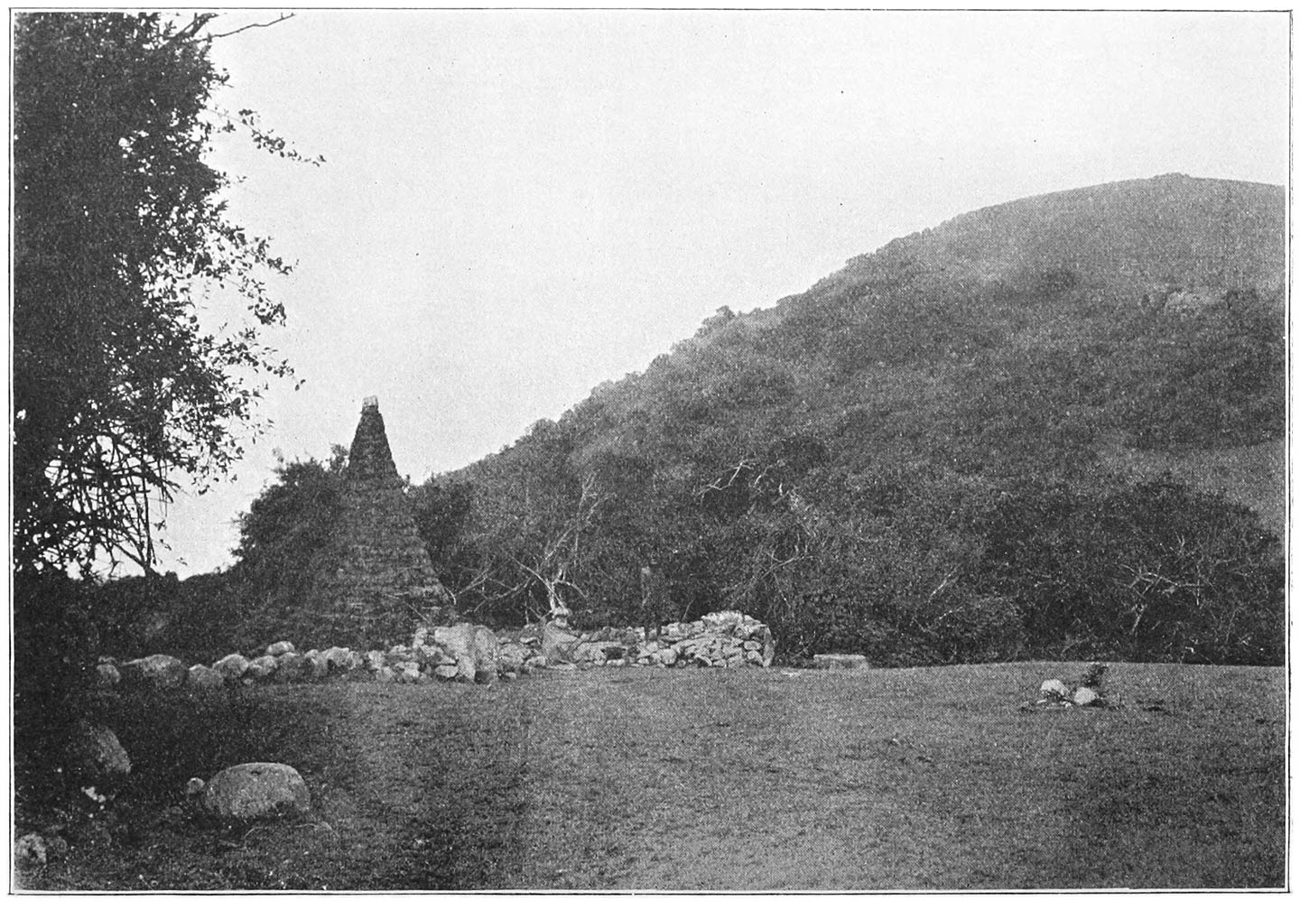FIG. 13.—THE CONICAL DAIRY OF NÒDRS. THE STONE AT THE RIGHT-HAND END OF THE WALL IS THE ‘TEIDRTOLKARS’ (see p. 439).