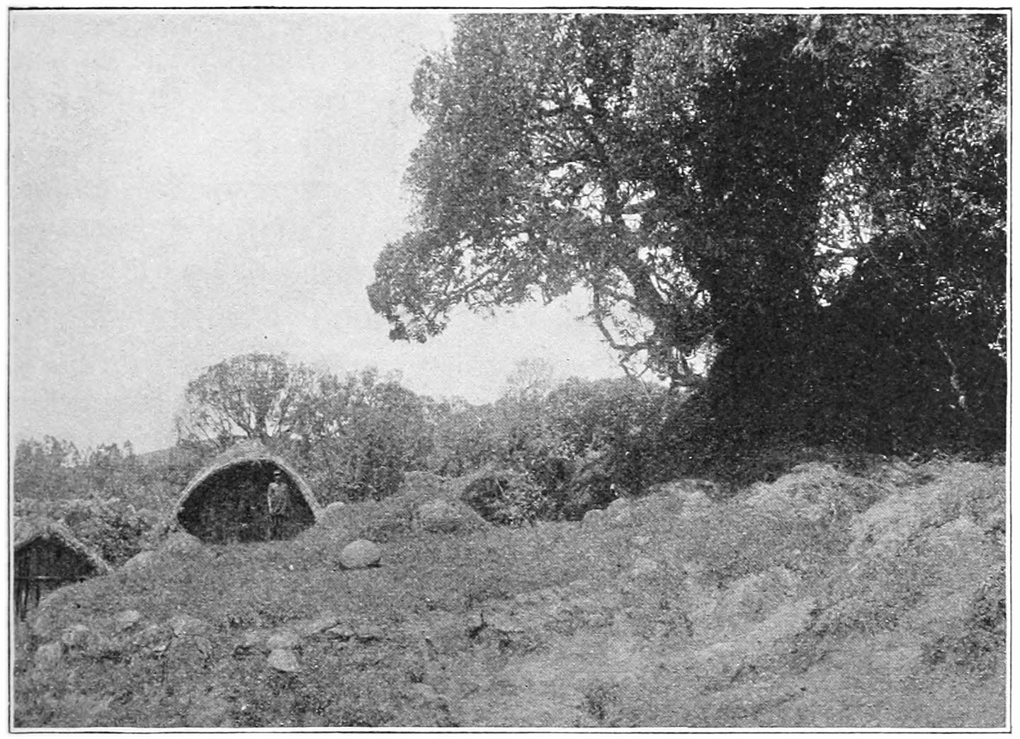 FIG. 24.—THE ‘KUGVALI’ OF TARADR. ON ITS LEFT IS THE ‘KWOTARS,’ AND ON THE EXTREME RIGHT, UNDER THE TREE, IS THE ‘KUSH.’ THE FLAT STONE TO THE RIGHT OF THE ‘KUGVALI’ IS THE ‘PÜDRSHTIKARS’ (see p. 654).