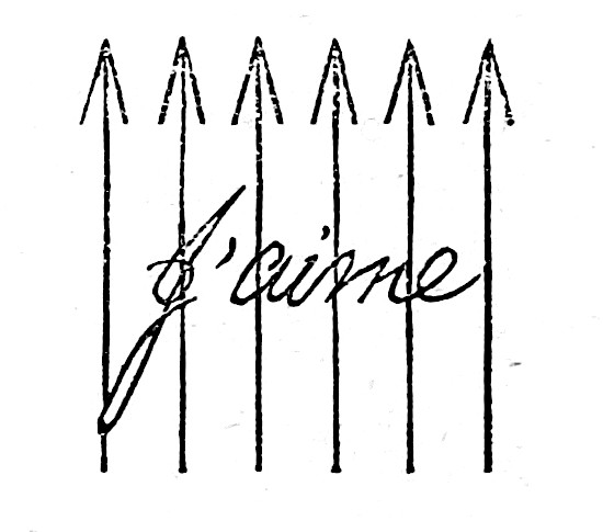 The
words J'aime crossed by six upward-pointing arrows