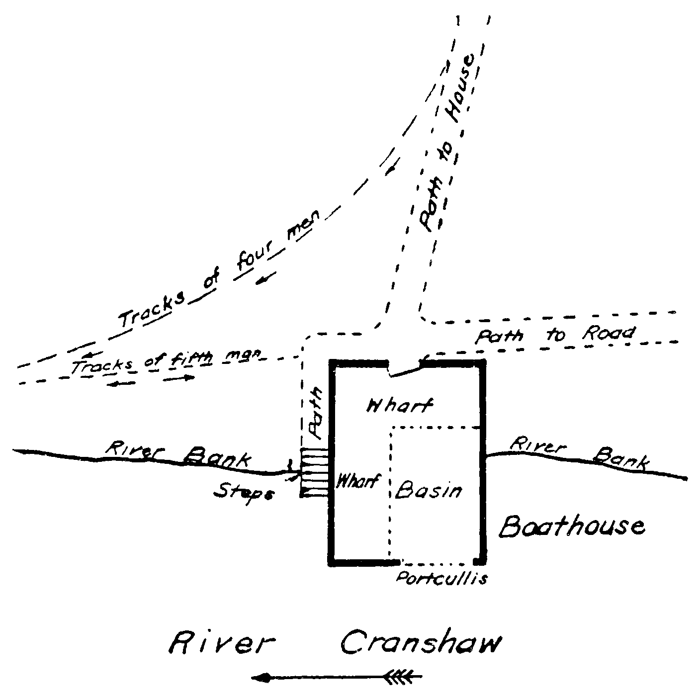 A ground plan of a boathouse
    situated on the bank of River Cranshaw, with two different sets of
    footprint tracks passing nearby.