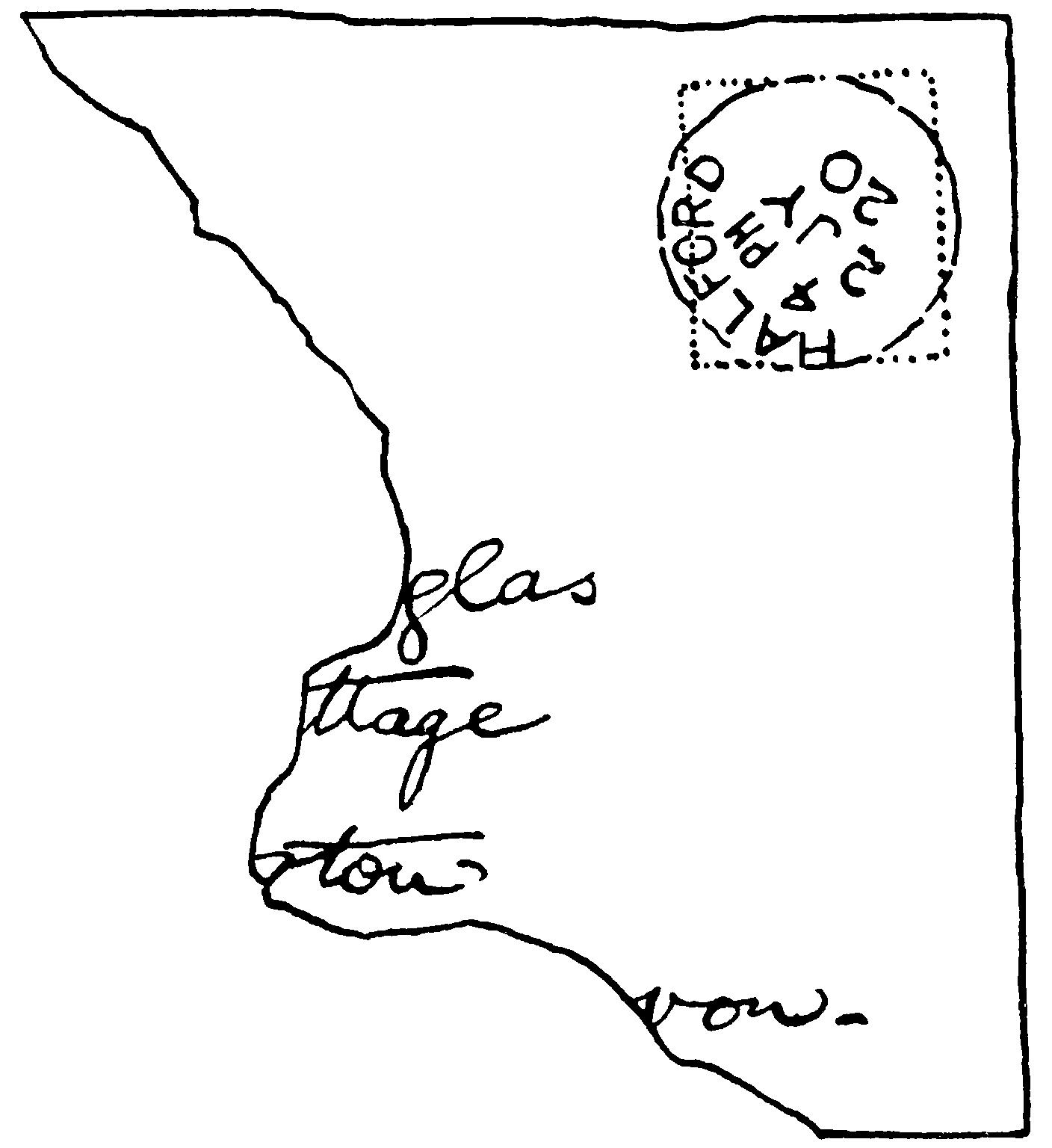 Part of an envelope’s right-hand
    side, showing a postmark and the ends of four words.