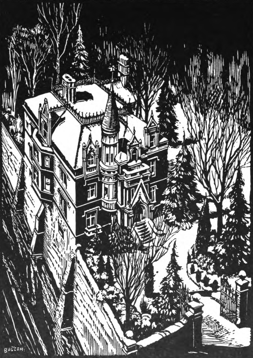 A woodcut of a mansion, Gothic in
    style, built next to a river and surrounded by a tall stone wall.
    The grounds are covered in snow and the branches of the
    surrounding maple trees are leafless.