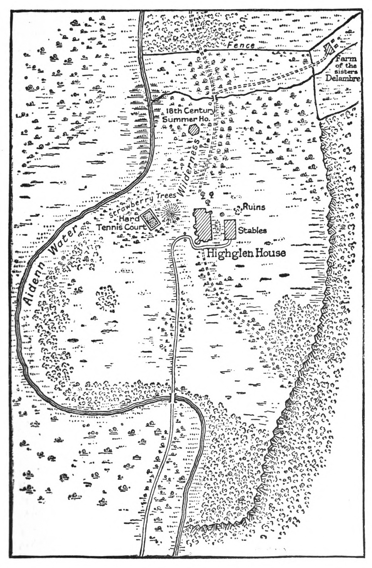 A map of the area surrounding
    Highglen House. Close to the house are some ruins and the Stables.
    A road leads from the stables, past the house, and then down the
    map. Off to the left is a grove of strawberry trees, in the middle
    of which sits a hard tennis court. At the top right corner of the
    map is a building labelled “Farm of the sisters Delambre”. The
    farm sits close to a fence, which runs across the map until it
    meets the river, labelled “Aidenn Water”. The river runs down the
    left side of the map, turning briefly towards the middle of the
    map where it crosses under the road. Between Highglen House and
    the farm is a footpath, halfway along which it passes a small
    structure labelled “18th Century Summer House”. A small brook
    branches off of Aidenn Water which crosses the footpath at a small
    bridge, and from there another footpath continues up the map,
    through a gate in the fence, and beyond.