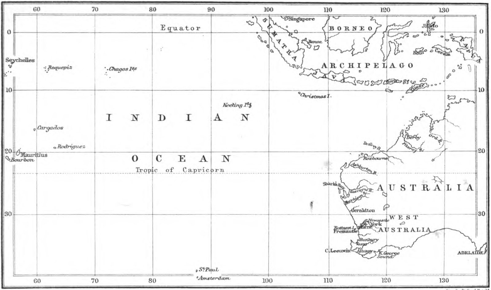 Map of the Indian Ocean, with emphasis on Western Australia