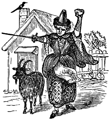 Woman aiming sword next to long-haired goat, with house in the background.