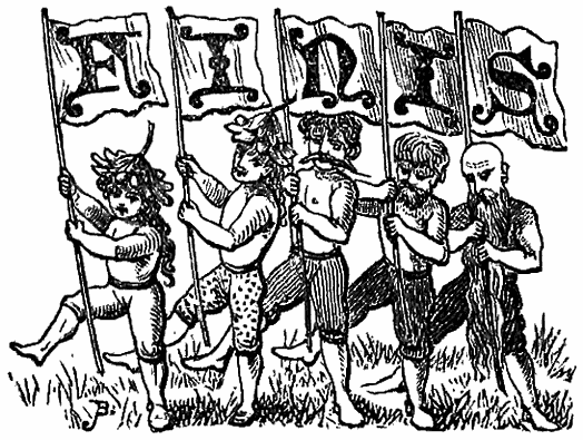 Five piskies holding flags with the letters “FINIS.”